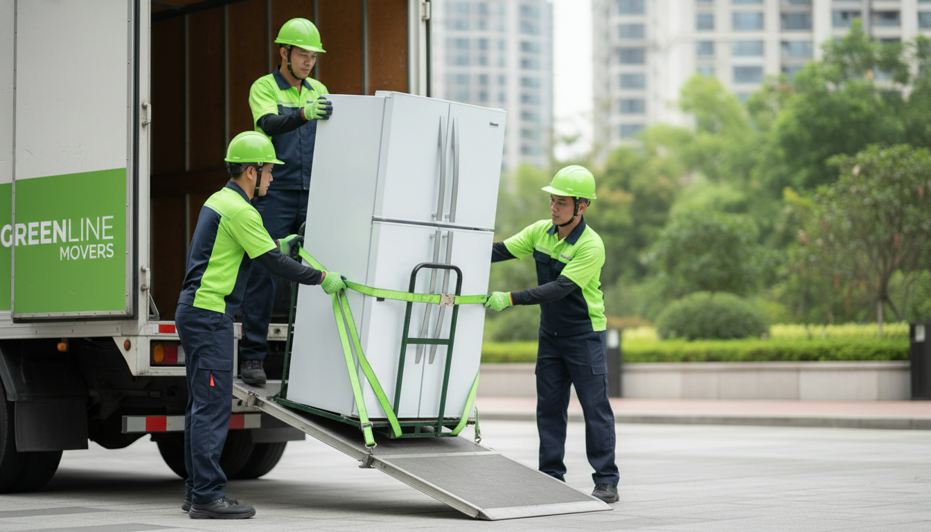 Ảnh chuyên nghiệp đội bốc vác đang dùng xe đẩy (dolly) và dây chằng để chuyển tủ lạnh an toàn
