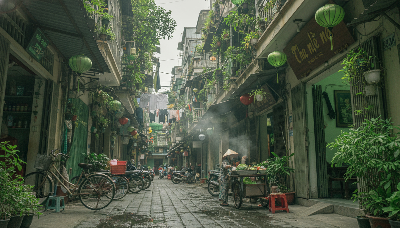 Ảnh chuyên nghiệp một con hẻm đô thị Việt Nam với nhà ống, góc chụp sạch, thể hiện đặc trưng địa phương
