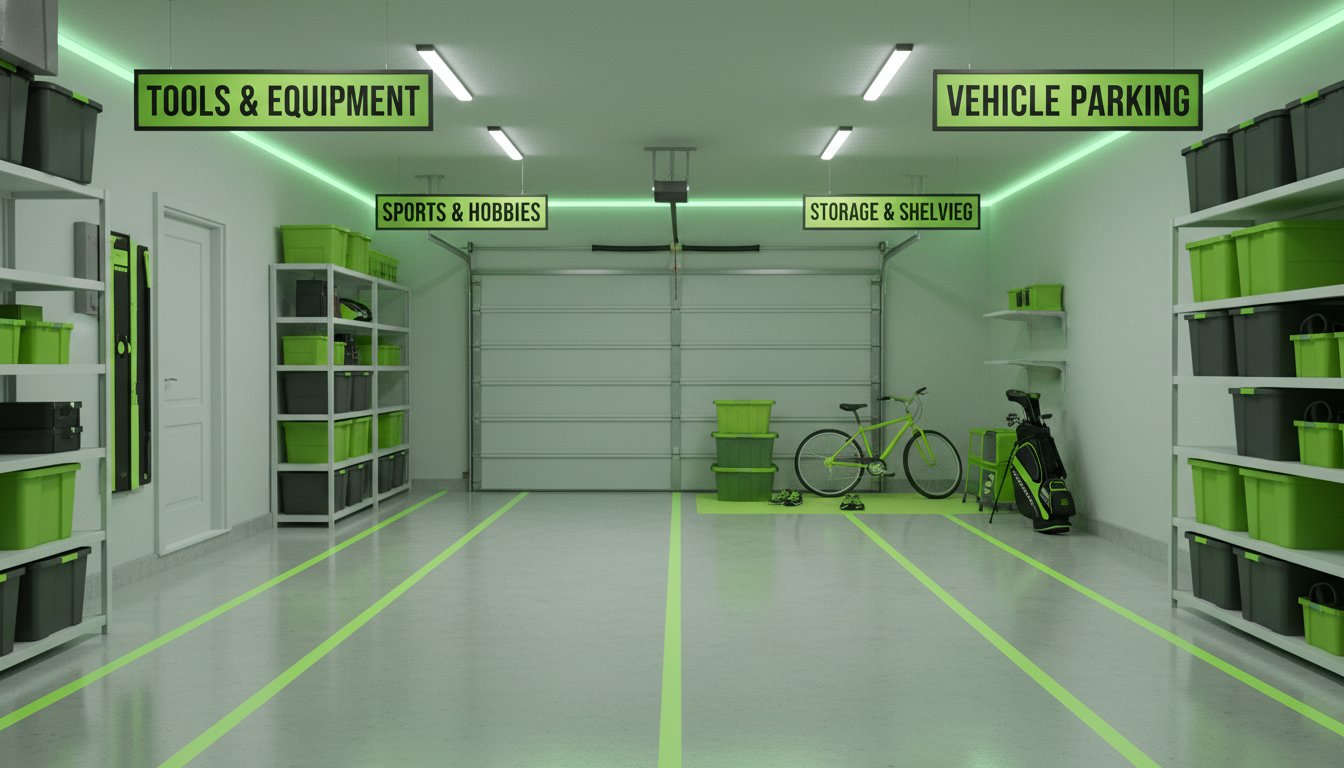 Professional photo of a clean garage with clearly labeled zones, taped walkways, and staged items near the door