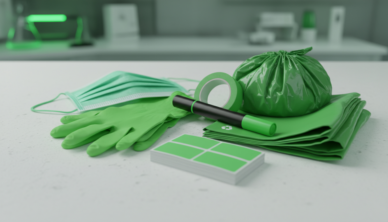 Close-up photo of a preparation kit: gloves, mask, marker, tape, trash bags, labels