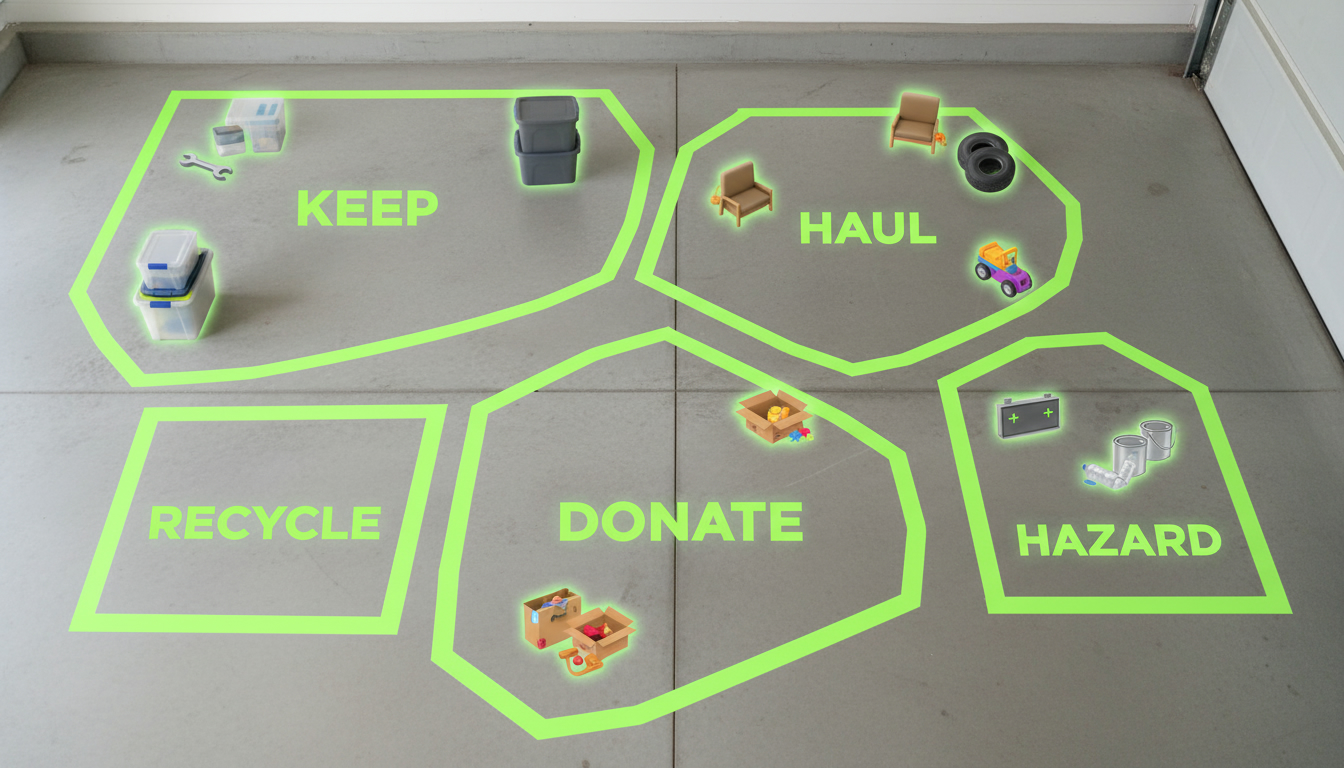 Garage floor plan visual with taped zones: Keep, Haul, Donate, Recycle, Hazard