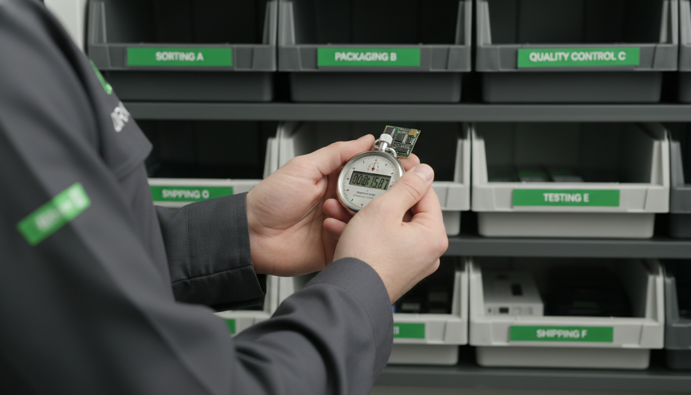 Person holding an item with a stopwatch, with simple labeled bins in the background