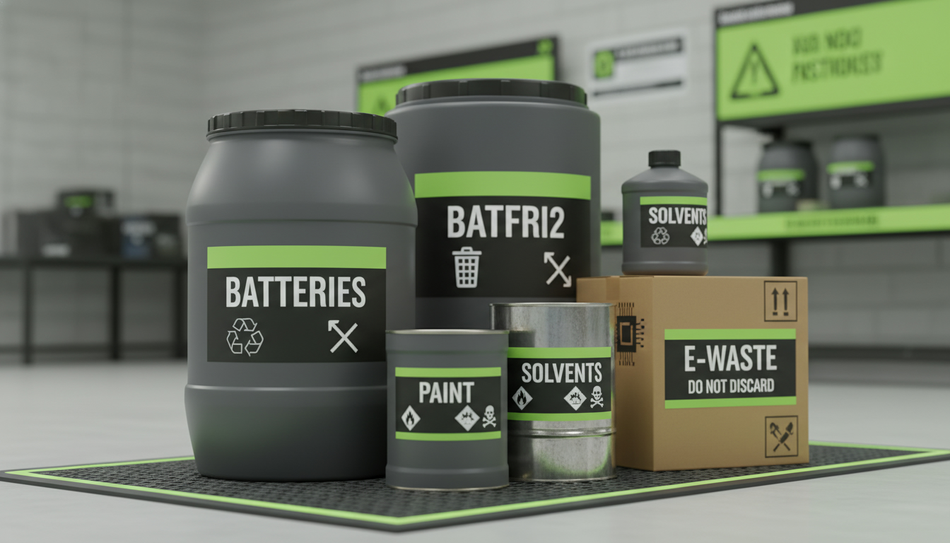 Safety-focused photo of sealed containers labeled batteries, paint, solvents, e-waste