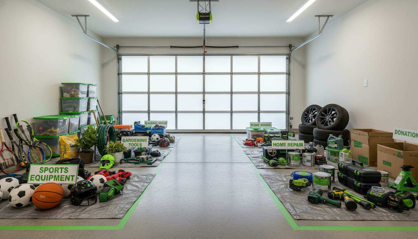 Items staged neatly near the garage door with a clear central walkway and labeled piles