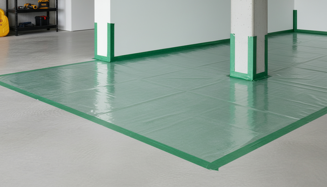 Protective floor covering and corner guards installed in a garage, with taped edges