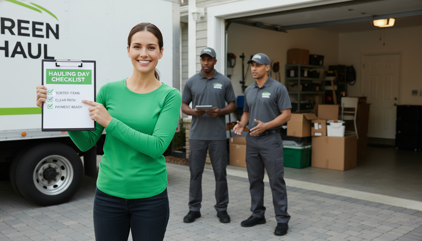 Homeowner showing a simple checklist to a uniformed hauling crew at the garage entrance