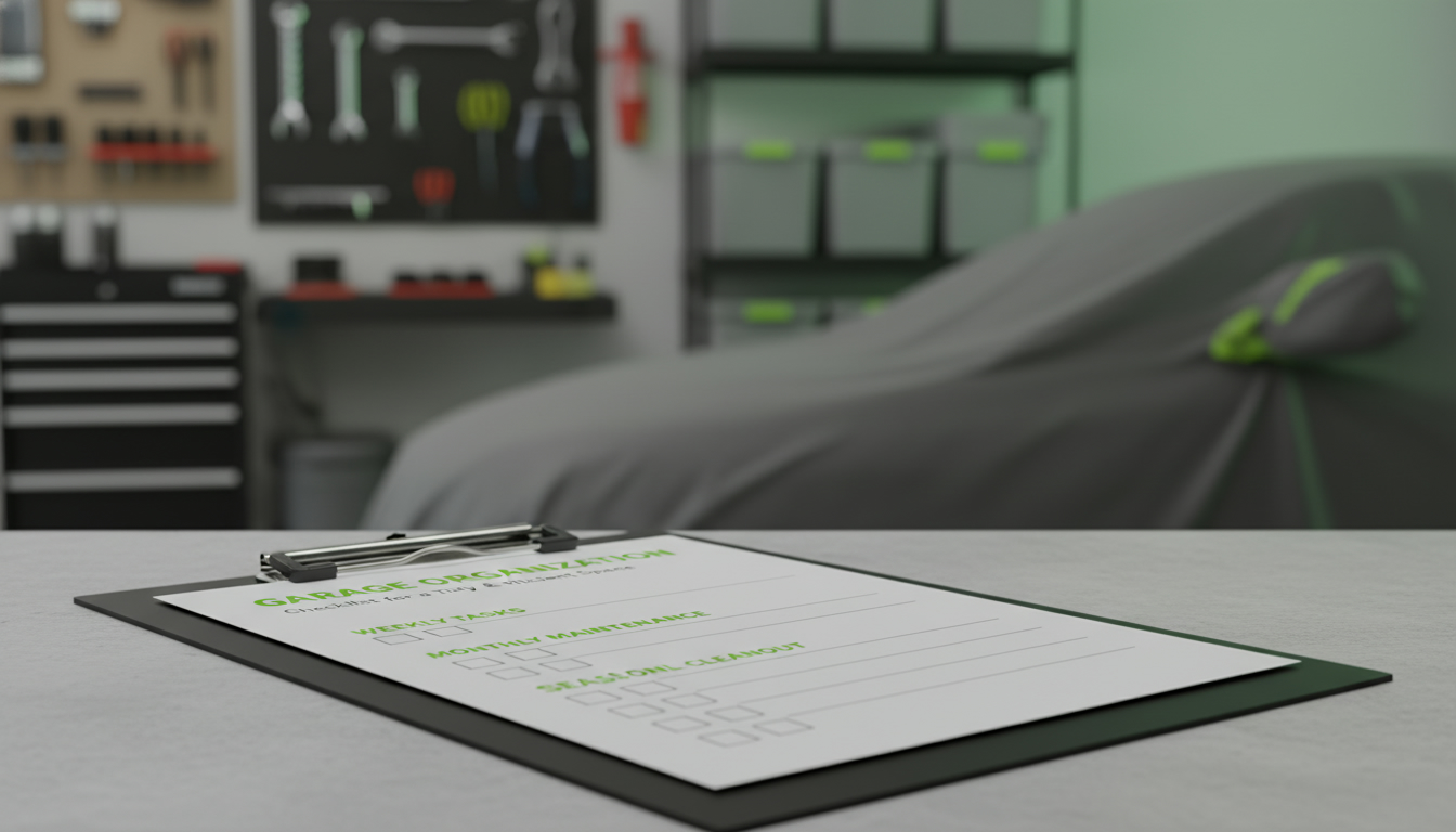 Minimalist printable checklist layout on a clipboard with a garage background