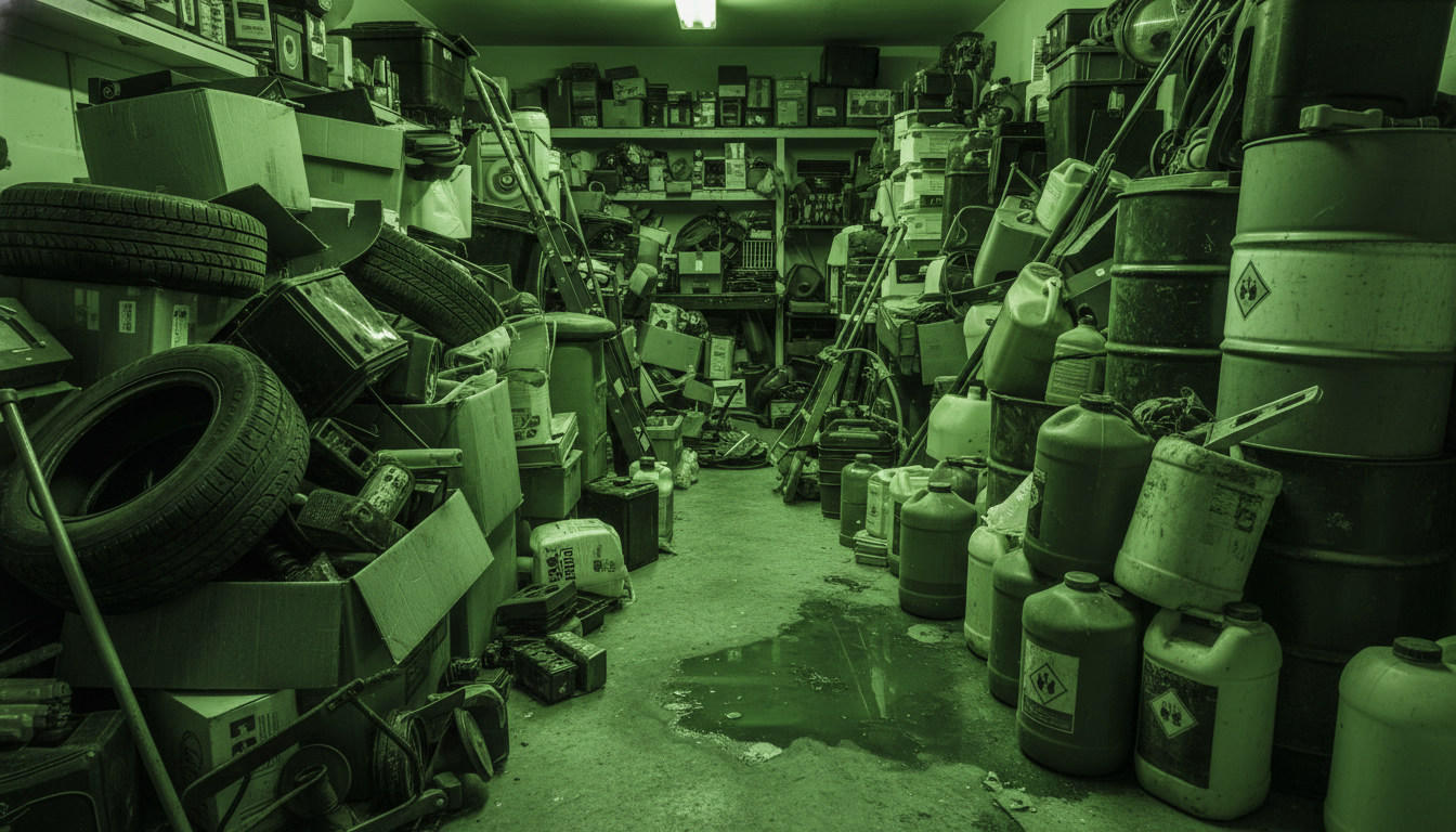 Messy garage with blocked walkway, mixed piles, and unlabeled hazardous items