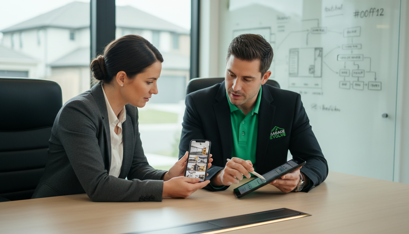 Professional consultation scene with a homeowner showing garage photos on a phone to a consultant