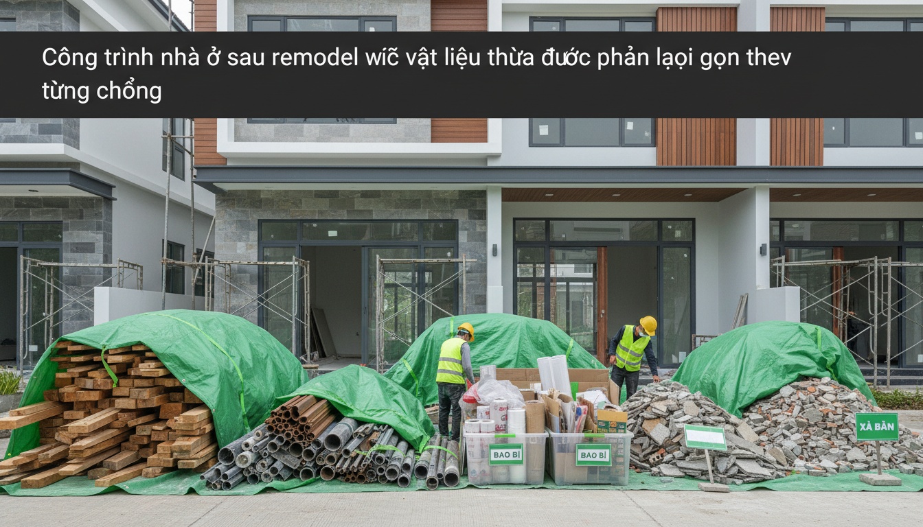Công trình nhà ở sau remodel với vật liệu thừa được phân loại gọn theo từng chồng: gỗ, kim loại, bao bì, xà bần