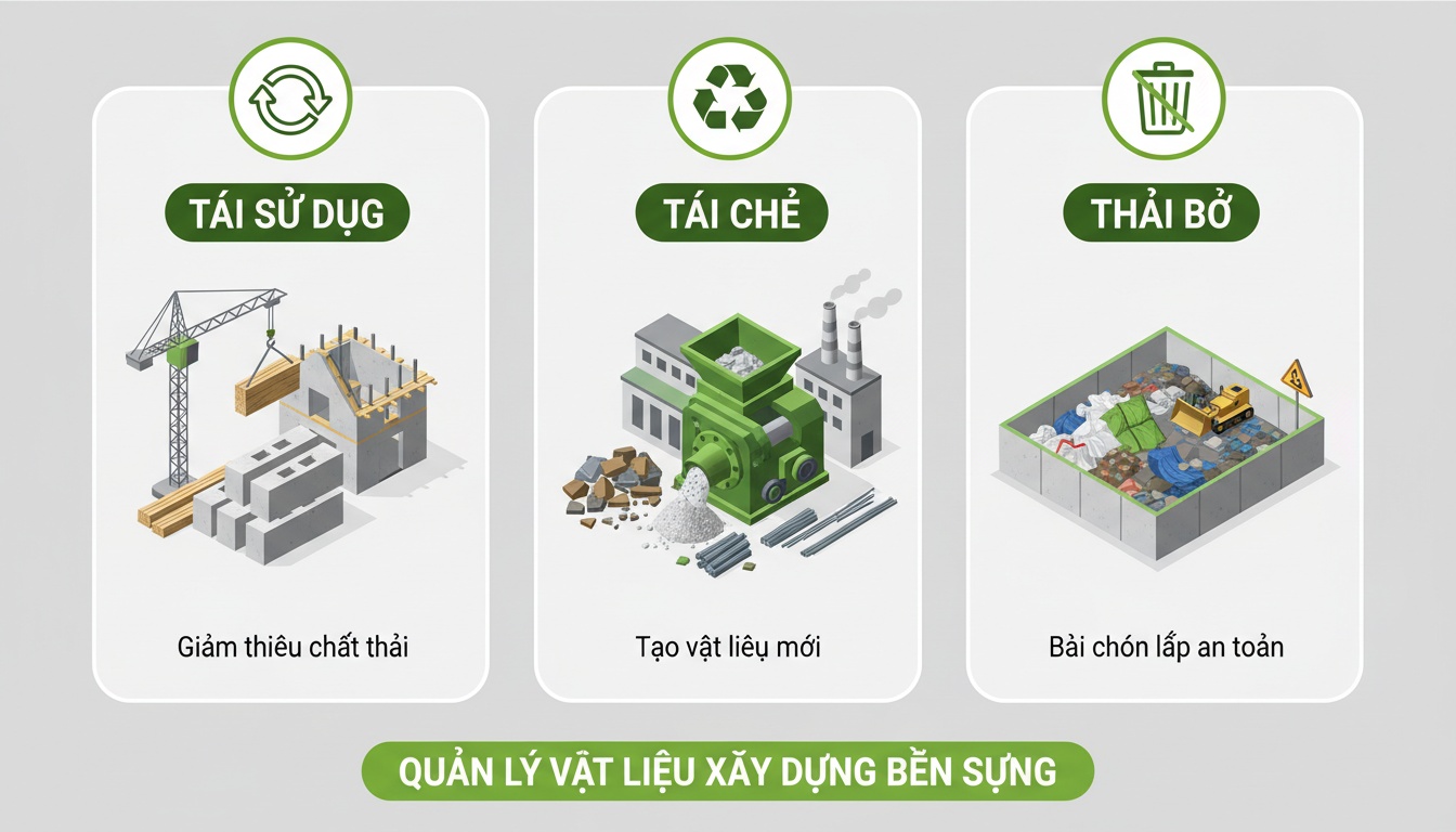 Minh họa 3 hướng xử lý: tái sử dụng, tái chế, thải bỏ; kèm icon vật liệu xây dựng