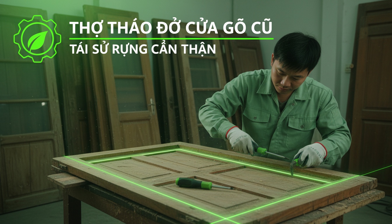 Thợ tháo dỡ cửa gỗ cũ cẩn thận để tái sử dụng; ánh sáng chuyên nghiệp, sạch sẽ