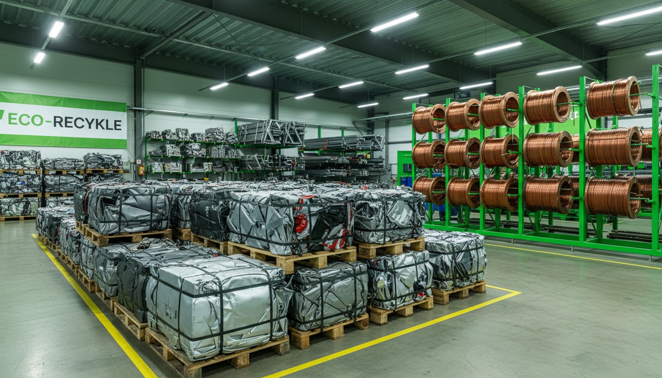 Bãi tập kết kim loại được bó gọn; dây điện đồng được cuộn; khung sắt tách riêng