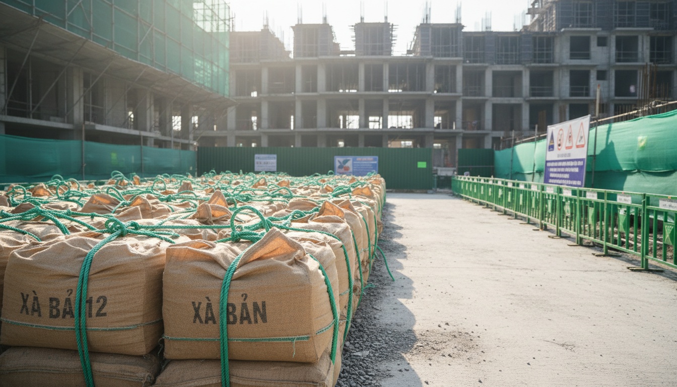 Bao tải xà bần được buộc chắc, xếp ngay ngắn; lối đi công trình thông thoáng