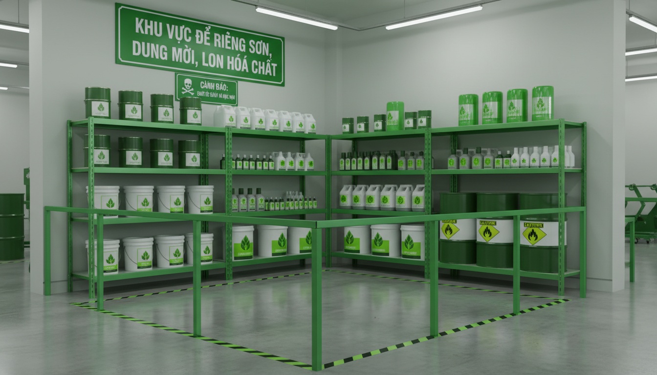 Khu vực để riêng sơn, dung môi, lon hóa chất; có nhãn cảnh báo; chụp kiểu chuyên nghiệp