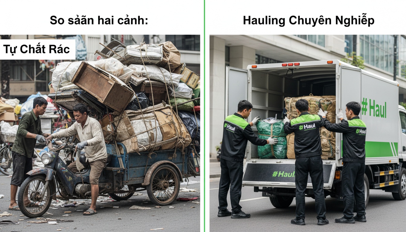 So sánh hai cảnh: một bên tự chất rác lên xe máy/ba gác, một bên đội hauling mặc đồng phục bốc dọn chuyên nghiệp
