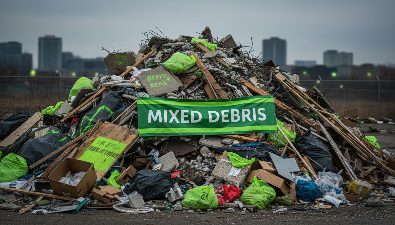 Đống rác hỗn hợp lẫn xà bần, gỗ và bao bì bừa bộn; cảnh báo “mixed debris”