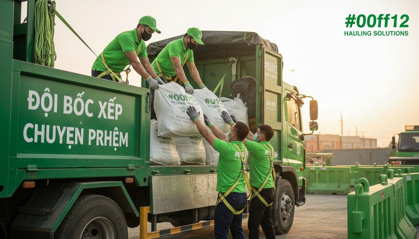 Đội hauling chuyên nghiệp đang bốc xếp bao xà bần lên xe; trang bị găng tay, khẩu trang, dây ràng
