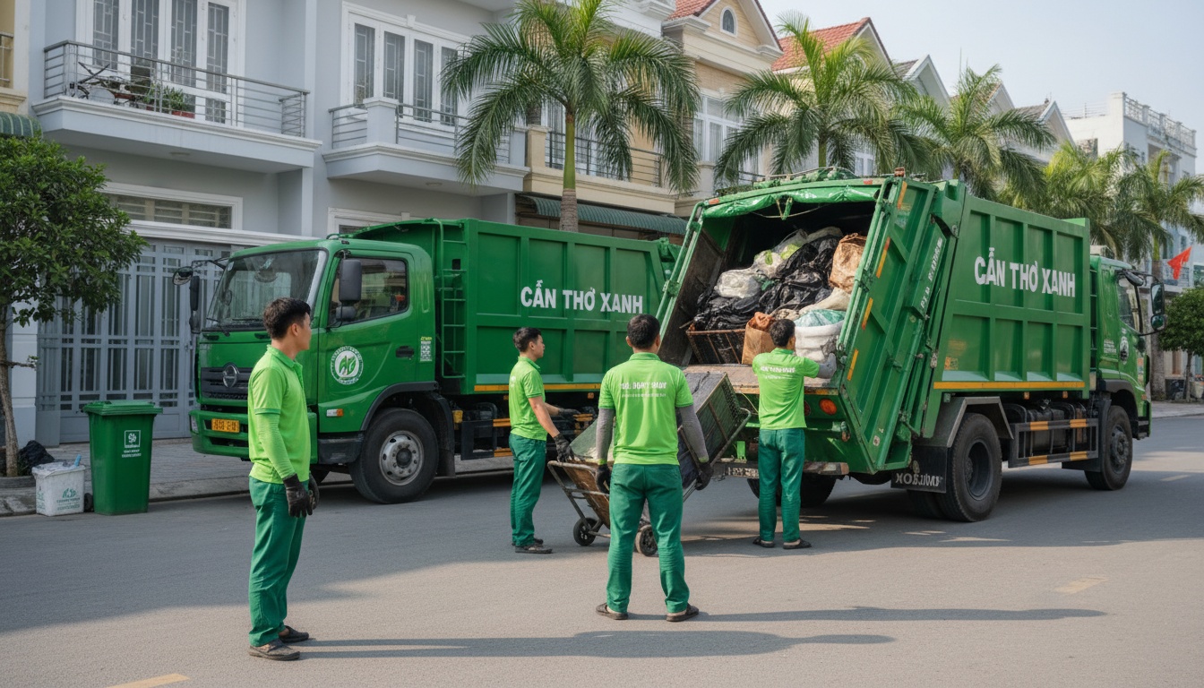 Đội xe tải thu gom rác cồng kềnh chuyên nghiệp đang bốc xếp an toàn tại khu dân cư ở Cần Thơ, đồng phục gọn gàng, có găng tay và xe đẩy