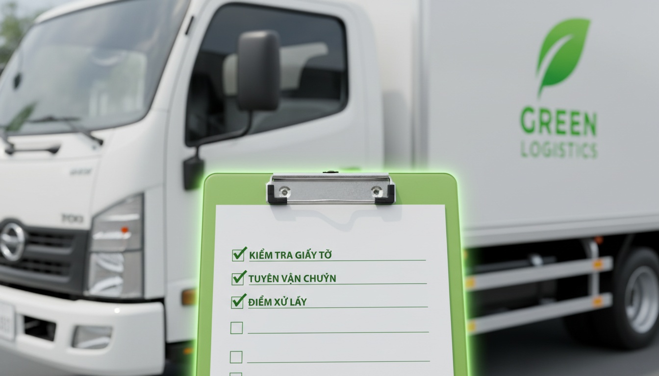 Cận cảnh clipboard checklist kiểm tra giấy tờ, tuyến vận chuyển và điểm xử lý, nền là xe tải sạch sẽ có logo
