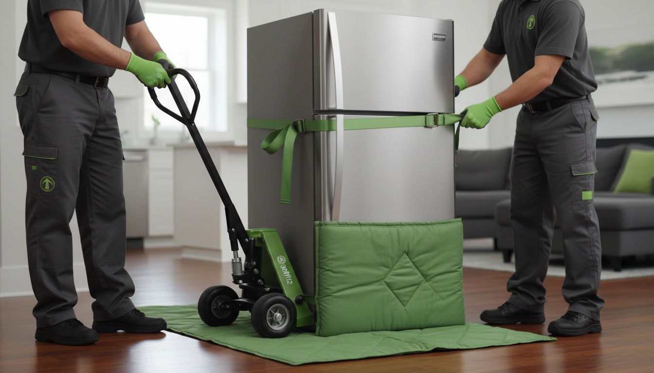 Nhân viên dùng xe đẩy và dây đai cố định tủ lạnh, có tấm lót bảo vệ sàn và găng tay bảo hộ