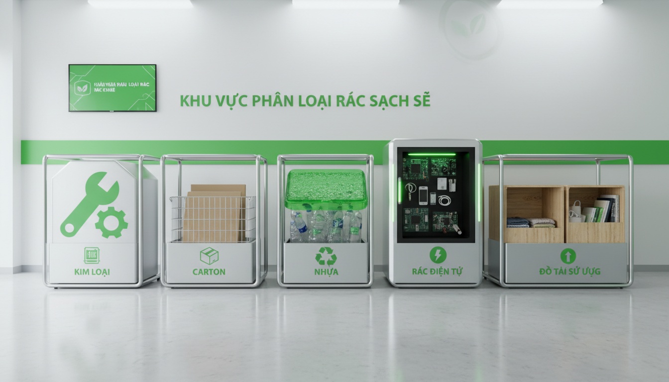 Khu vực phân loại rác sạch sẽ với các thùng/khung phân loại: kim loại, carton, nhựa, rác điện tử, đồ tái sử dụng