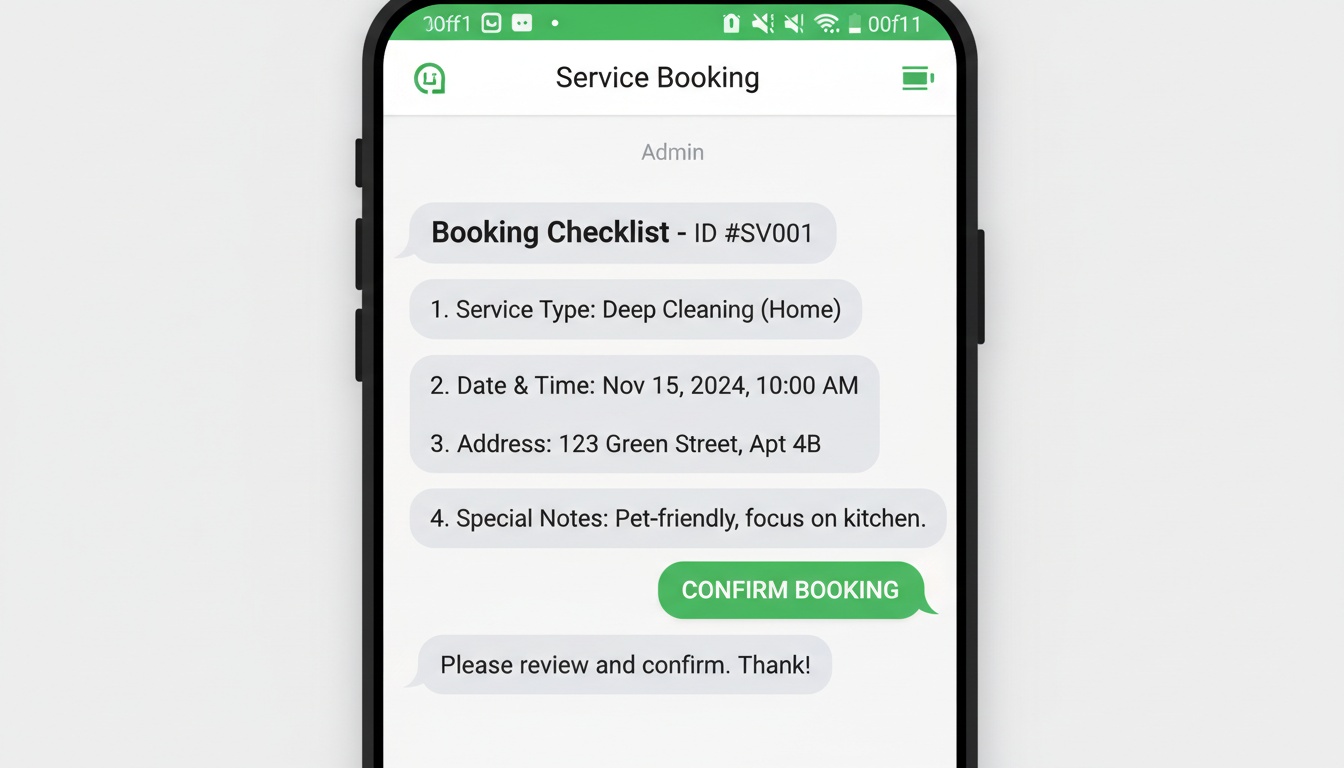 Ảnh chụp màn hình tin nhắn checklist đặt lịch dịch vụ, bố cục gọn gàng, chuyên nghiệp