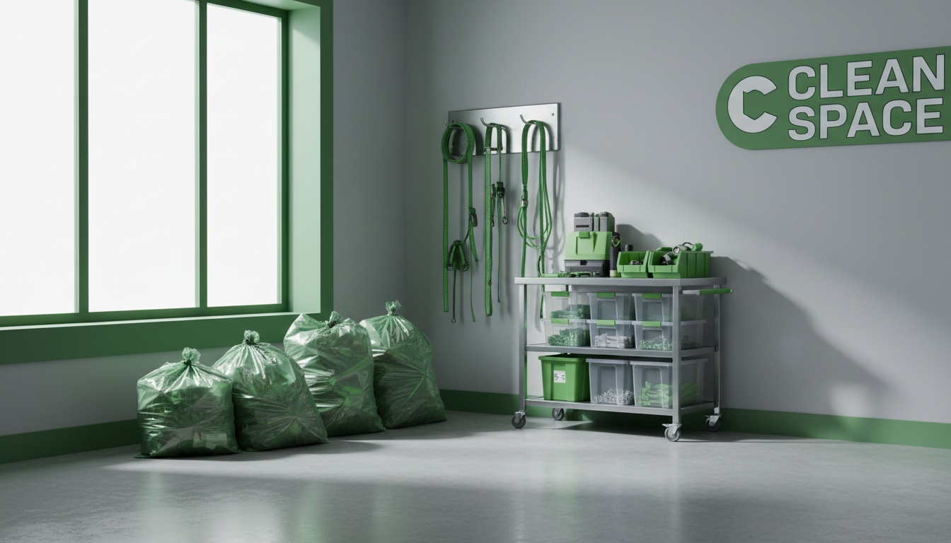 Một góc nhà/garage đang được dọn dẹp, có bao rác dày, xe đẩy thùng, dây nâng đồ đặt gọn gàng trên nền sạch, ánh sáng tự nhiên