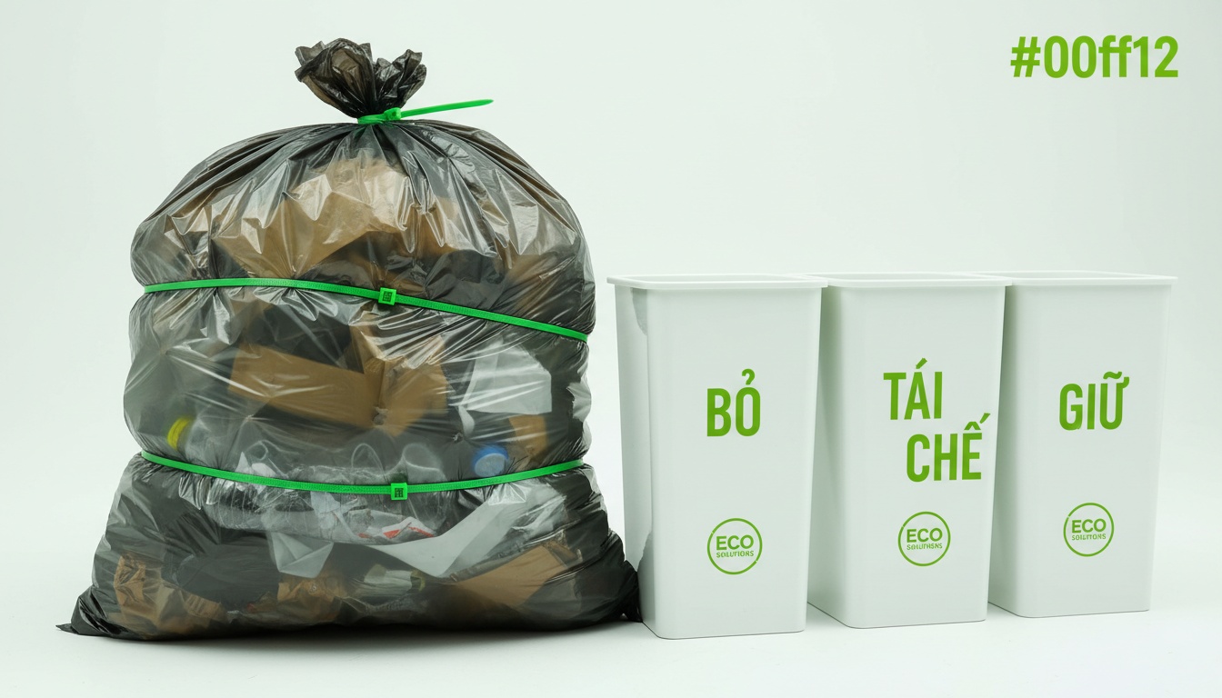 Cận cảnh bao rác dày đang được buộc dây rút, bên cạnh là nhãn phân loại “BỎ / TÁI CHẾ / GIỮ”, ánh sáng studio rõ nét