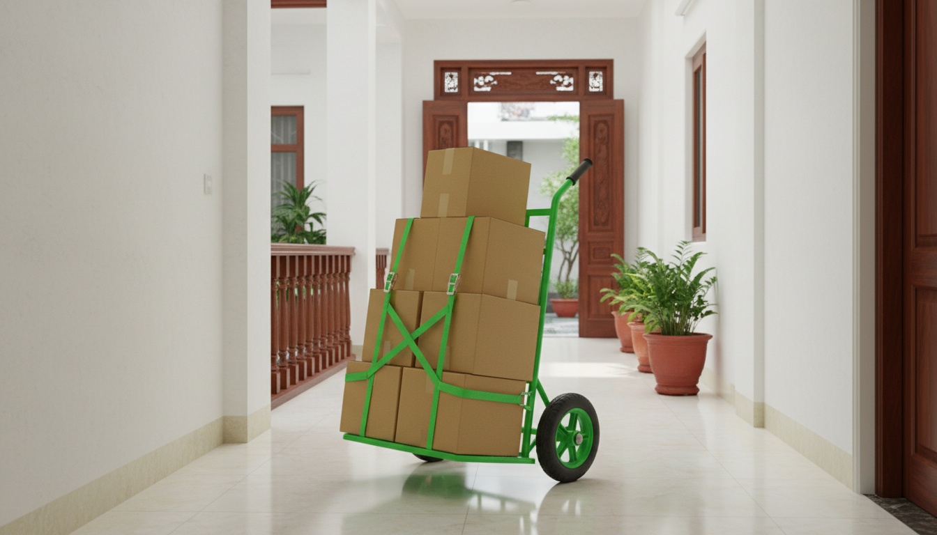 Một xe đẩy thùng 2 bánh đang chở các thùng carton được xếp gọn, có dây chằng cố định, nền là hành lang sạch kiểu nhà phố VN