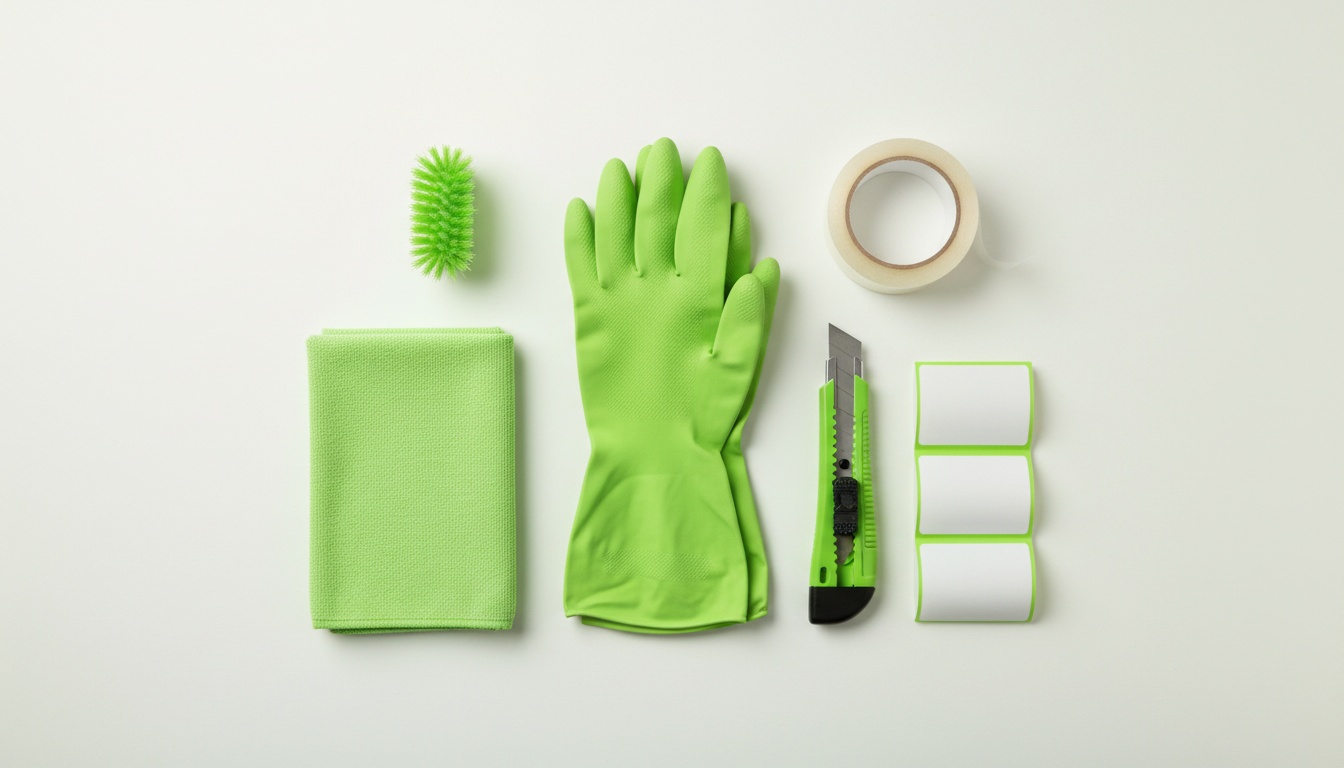 Flat lay bộ dụng cụ dọn dẹp gồm găng tay, băng keo, dao rọc giấy, nhãn dán, khăn lau, sắp xếp gọn gàng trên nền sáng