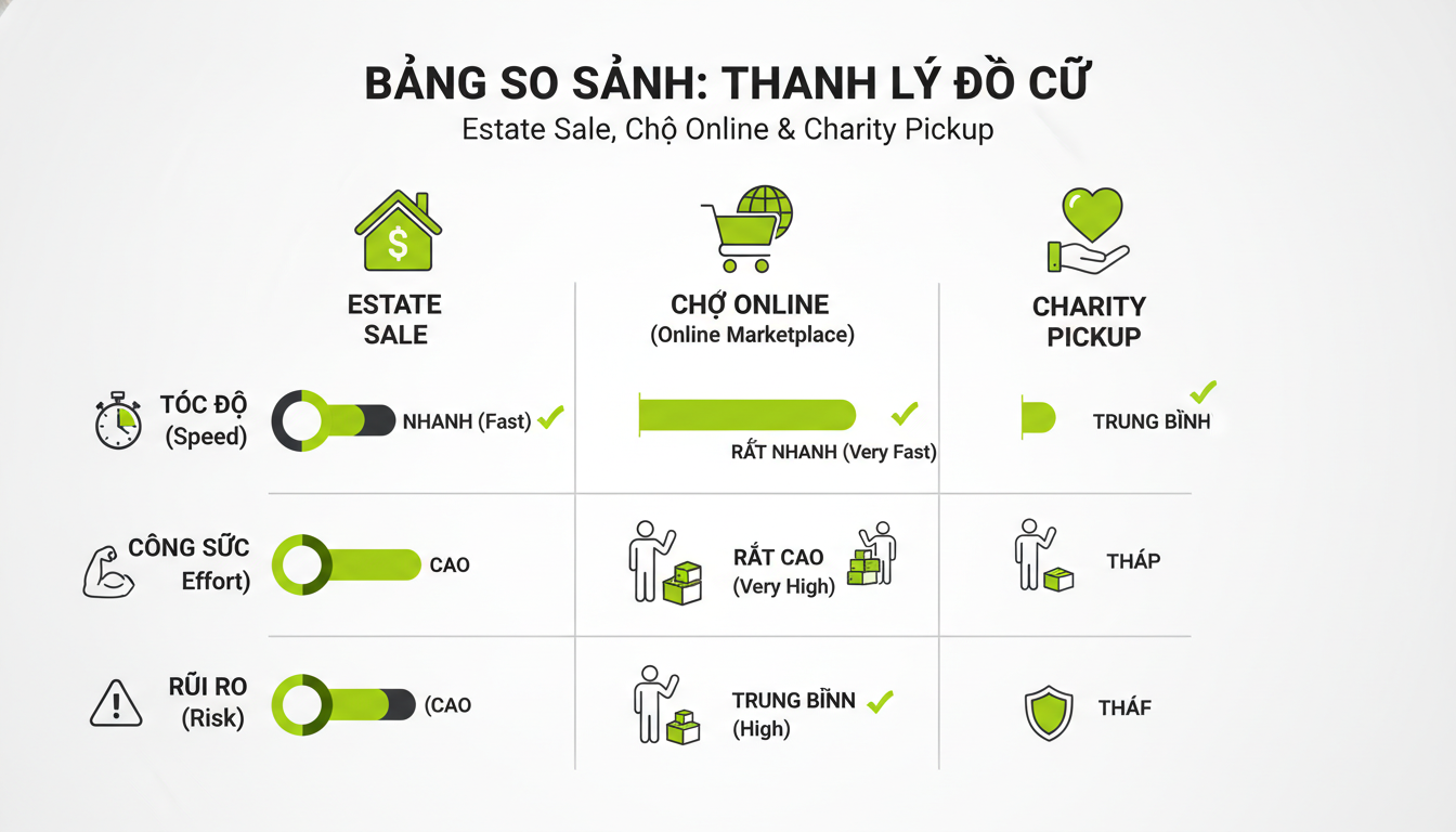 Bảng so sánh dạng infographic giữa estate sale, chợ online và charity pickup với các tiêu chí tốc độ, công sức, rủi ro