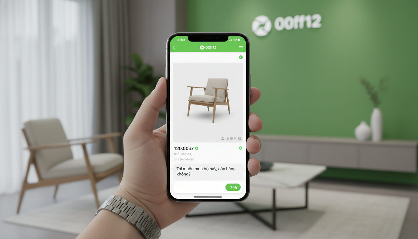 Tay cầm điện thoại chụp ảnh đồ nội thất, màn hình hiển thị bài đăng trên chợ online kèm tin nhắn hỏi mua