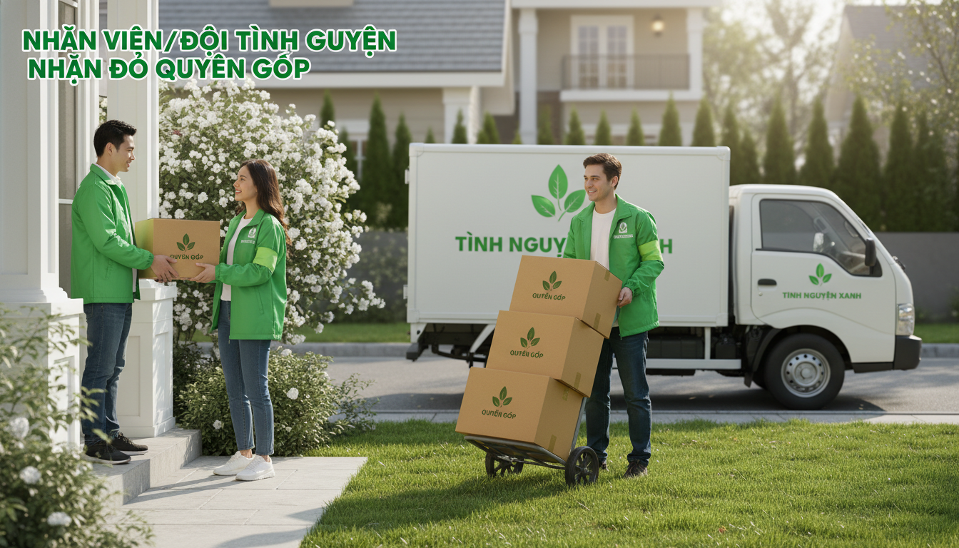 Nhân viên/đội tình nguyện nhận đồ quyên góp đã được đóng thùng gọn gàng tại cửa nhà, có xe tải nhỏ phía trước