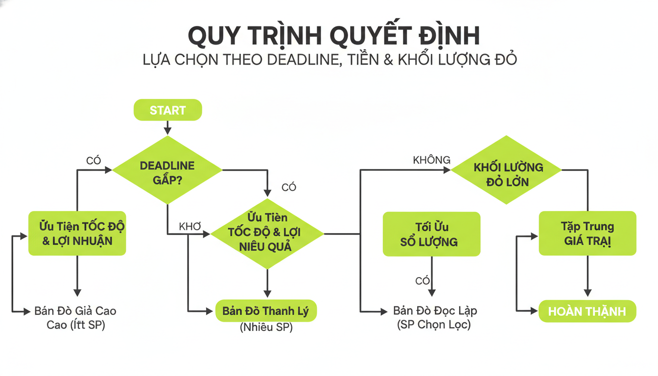 Bảng quyết định dạng flowchart minh họa lựa chọn theo deadline, mục tiêu tiền, và khối lượng đồ