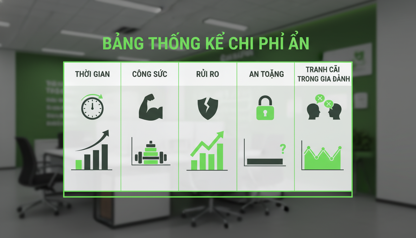 Bảng thống kê chi phí ẩn gồm thời gian, công sức, rủi ro, an toàn, tranh cãi trong gia đình