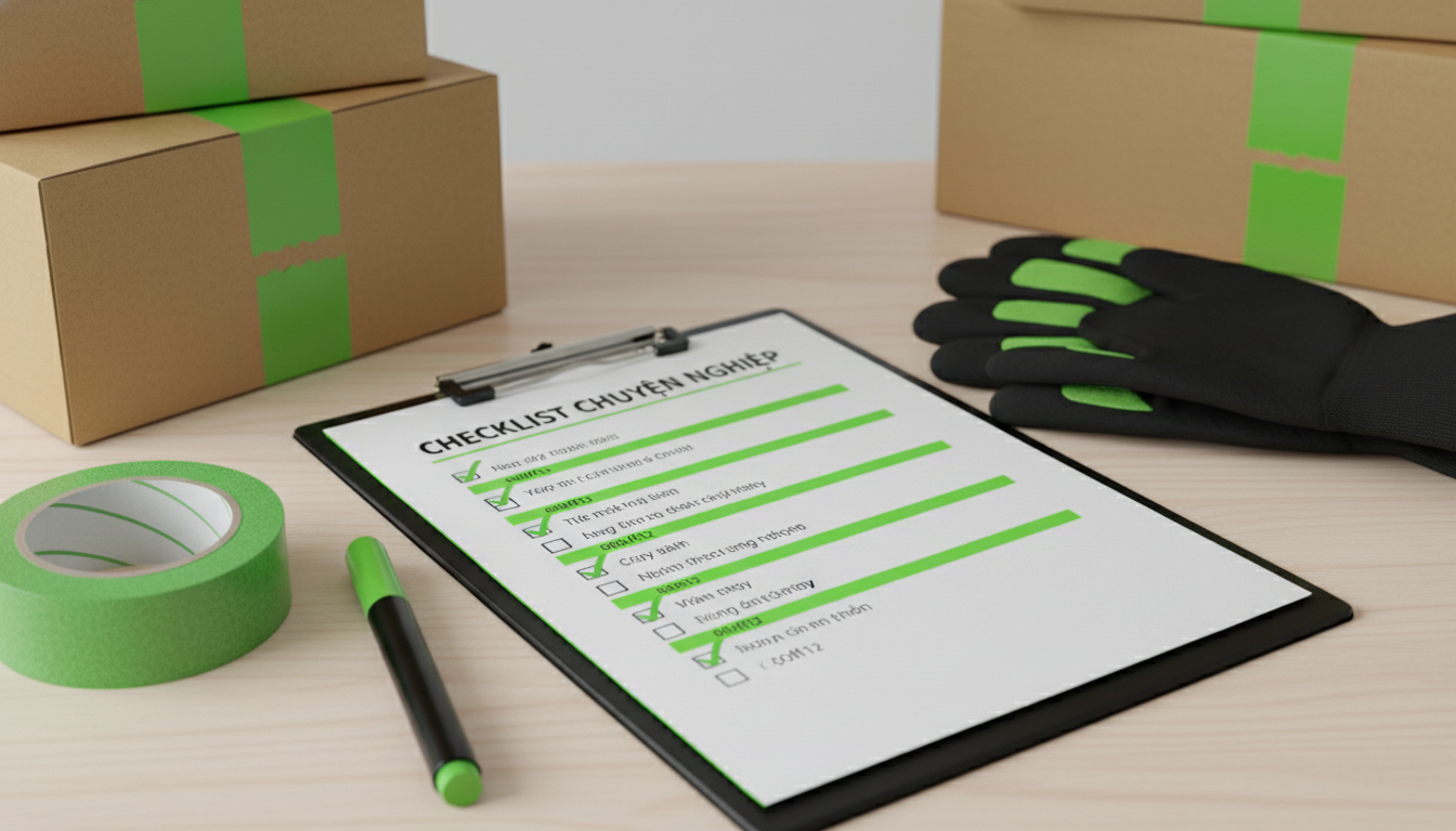 Checklist chuyên nghiệp trên clipboard đặt cạnh găng tay, băng keo, thùng carton, bút lông