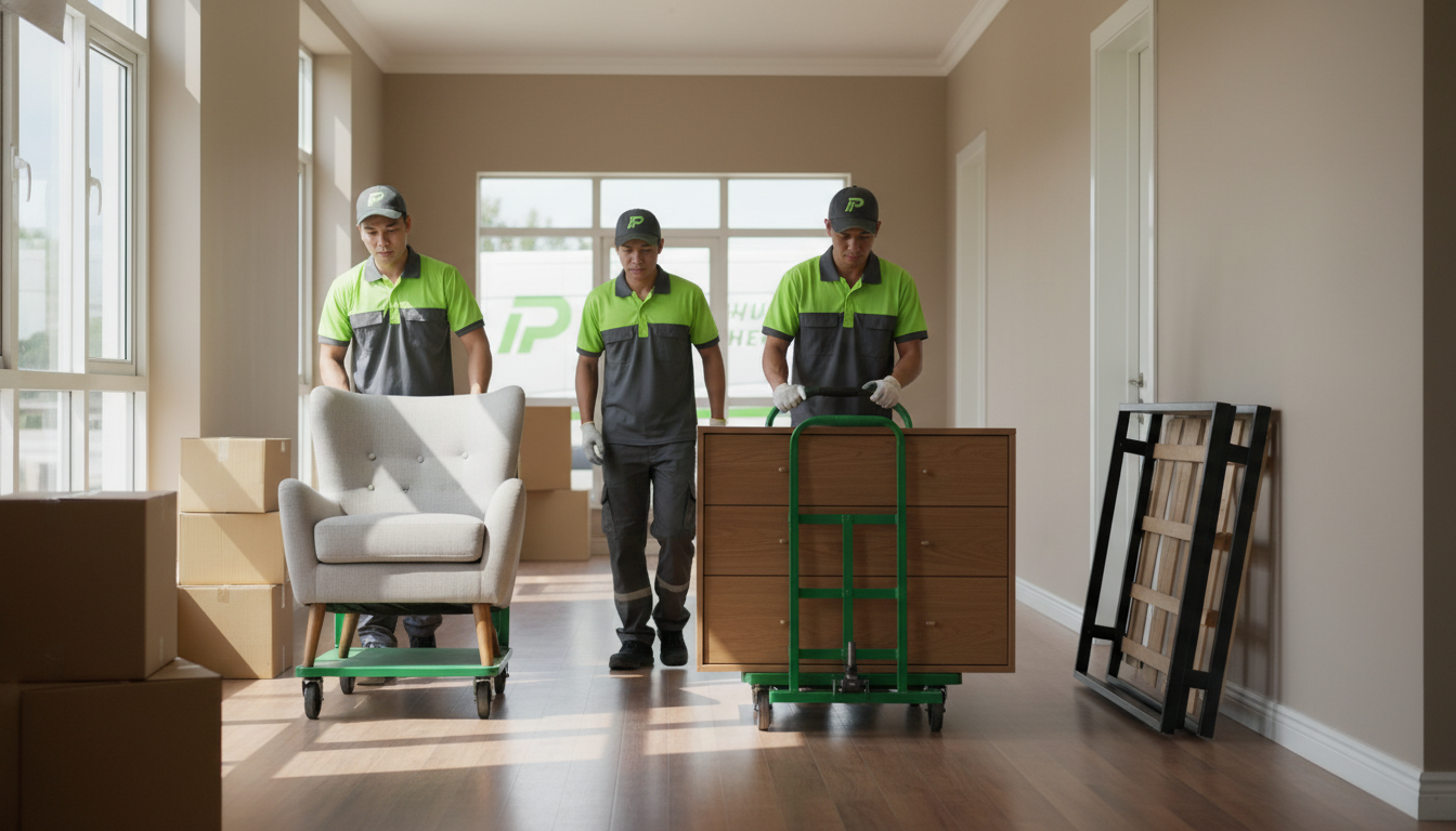 Đội bốc dọn chuyên nghiệp mặc đồng phục đang di chuyển đồ nội thất bằng xe đẩy trong hành lang nhà, ánh sáng tự nhiên