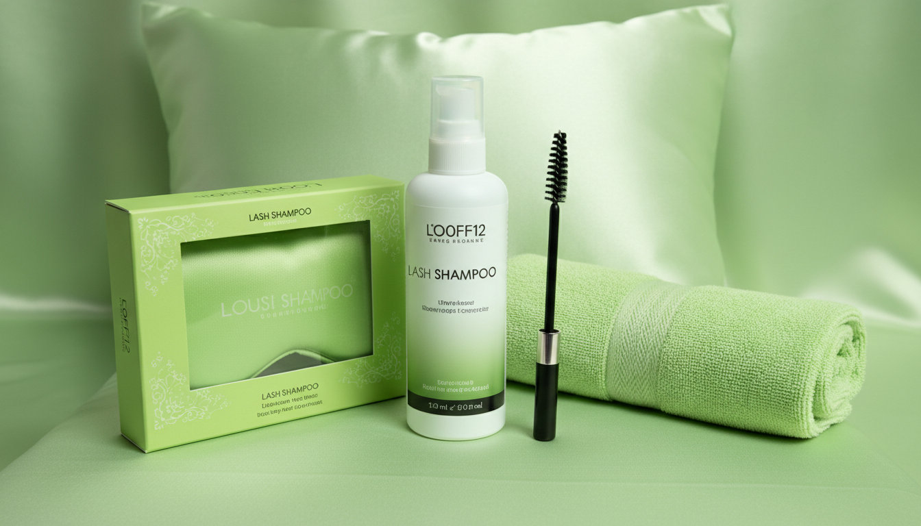 Bộ dụng cụ chăm sóc mi gồm lash shampoo, chổi spoolie, khăn microfiber, gối lụa