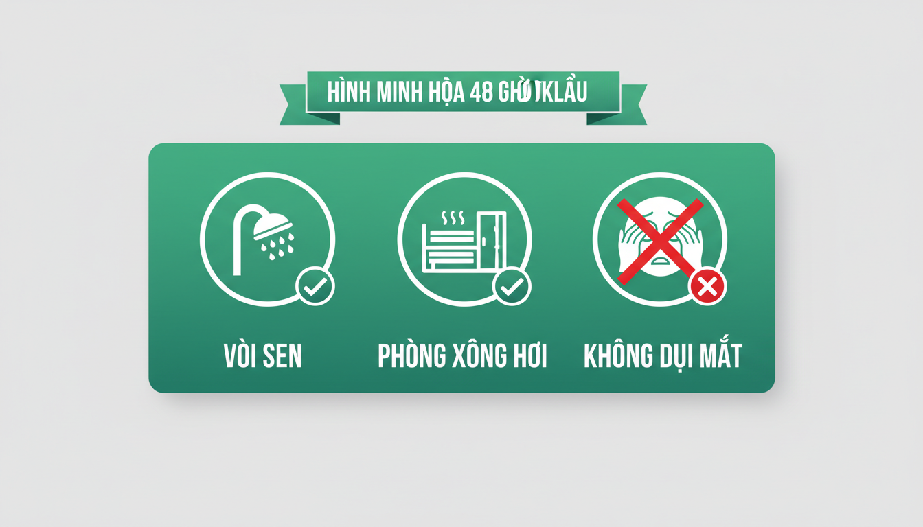 Hình minh họa checklist 48 giờ đầu với icon vòi sen, phòng xông hơi, tay dụi mắt bị gạch chéo