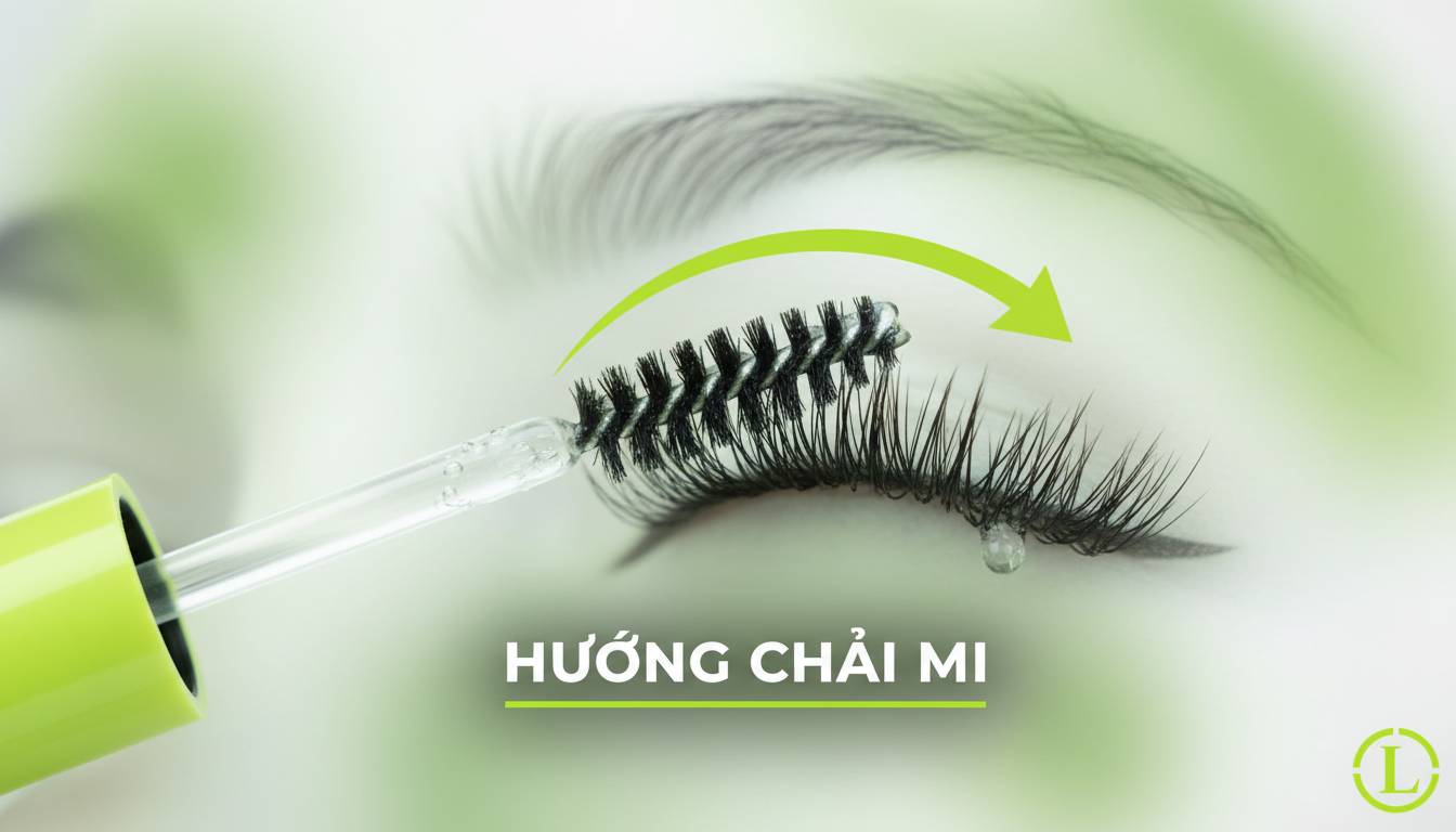 Hình chải mi bằng spoolie sạch với mũi tên hướng chải từ giữa ra ngọn