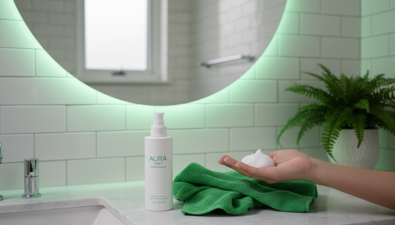 Ảnh lifestyle buổi tối trong phòng tắm với foam cleanser và khăn microfiber, ánh sáng sạch sẽ