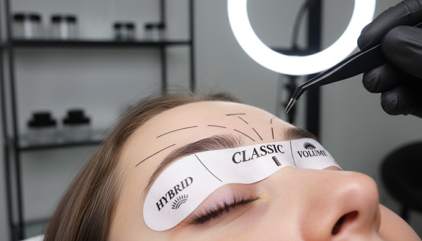 Close-up professional lash mapping on an eye pad with labeled classic, hybrid, volume styles in a clean studio setting