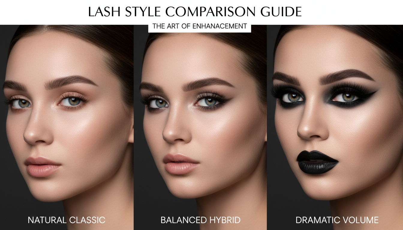 High-quality comparison visual showing three sets of lashes on three models—natural classic, balanced hybrid, dramatic volume—shot in a professional studio