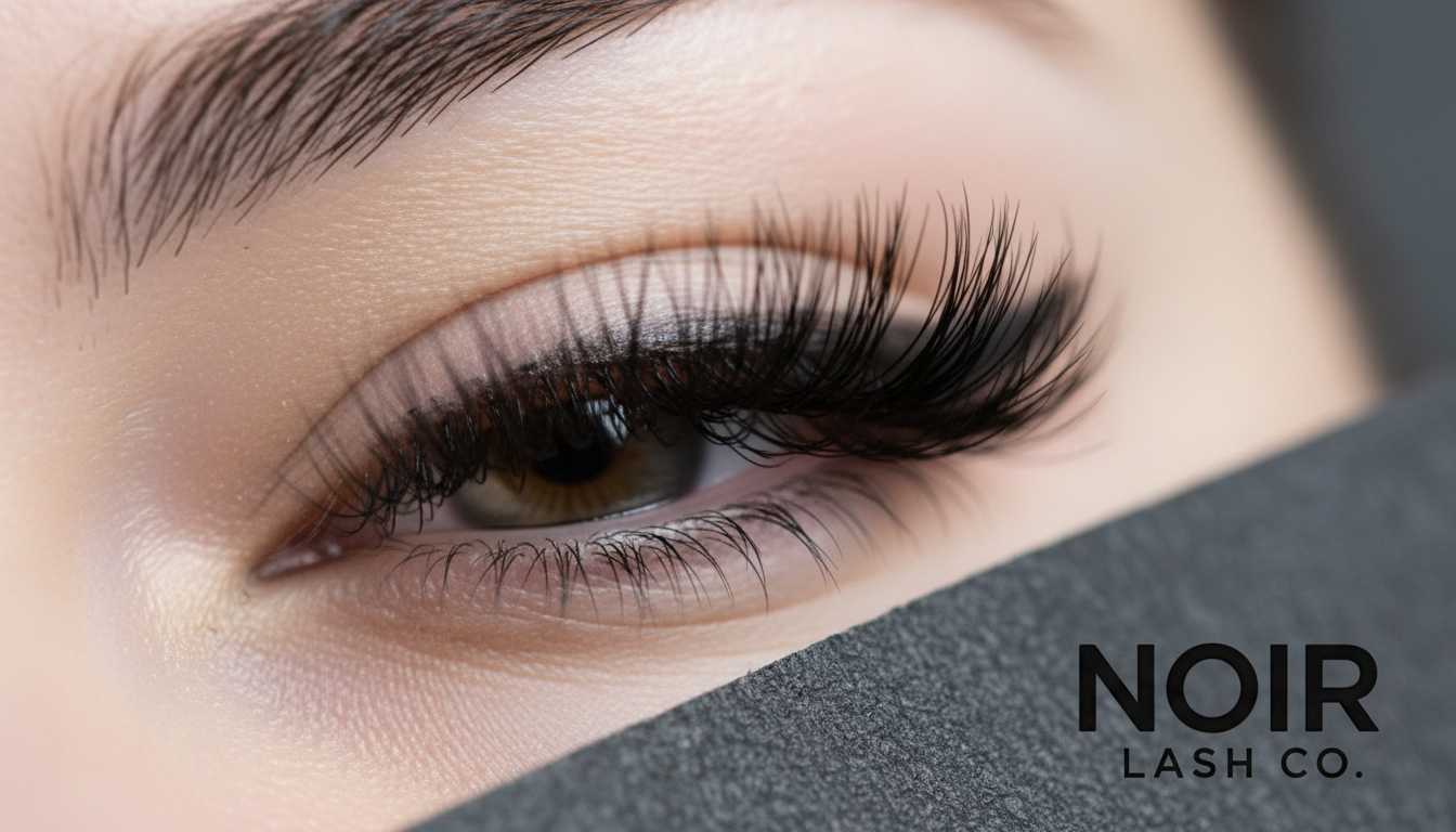Natural classic lash set close-up with soft lighting, showing defined individual lashes and clean lash line