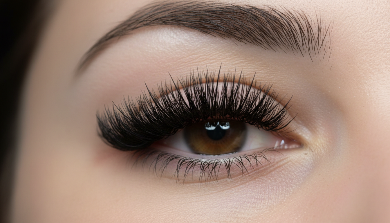 Hybrid lash set close-up showing a mix of defined spikes and soft volume, creating a textured look