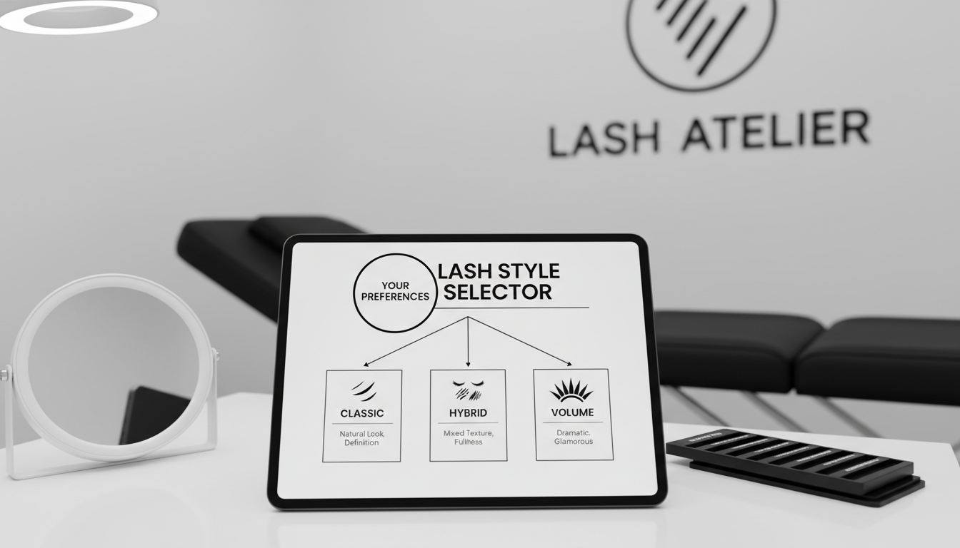 Clean decision-making chart graphic on a tablet in a lash studio, showing arrows from preferences to classic/hybrid/volume