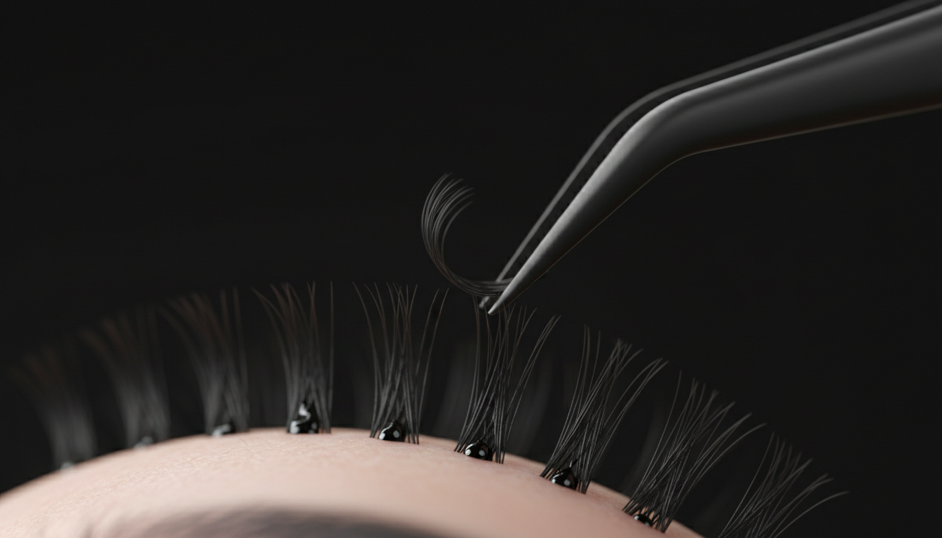 Macro shot of precise lash isolation with tweezers, showing safe placement distance and clean bonding