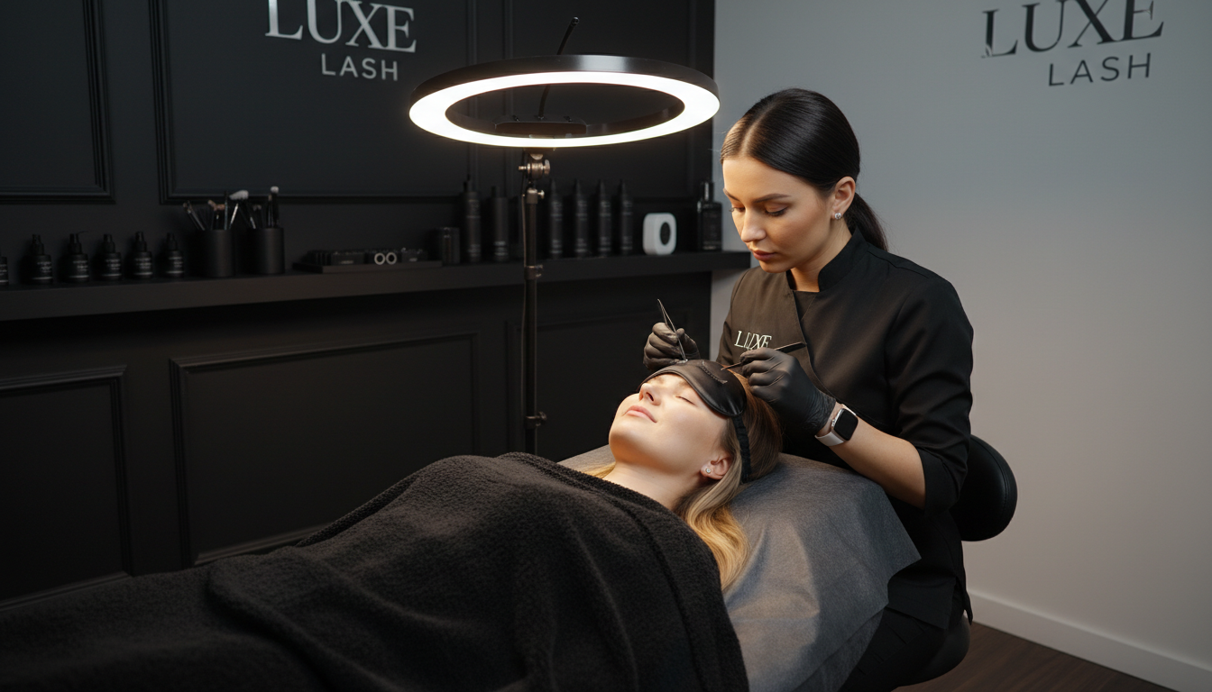 Professional lash studio scene with a client relaxing on a bed, soft lighting, and a technician working carefully