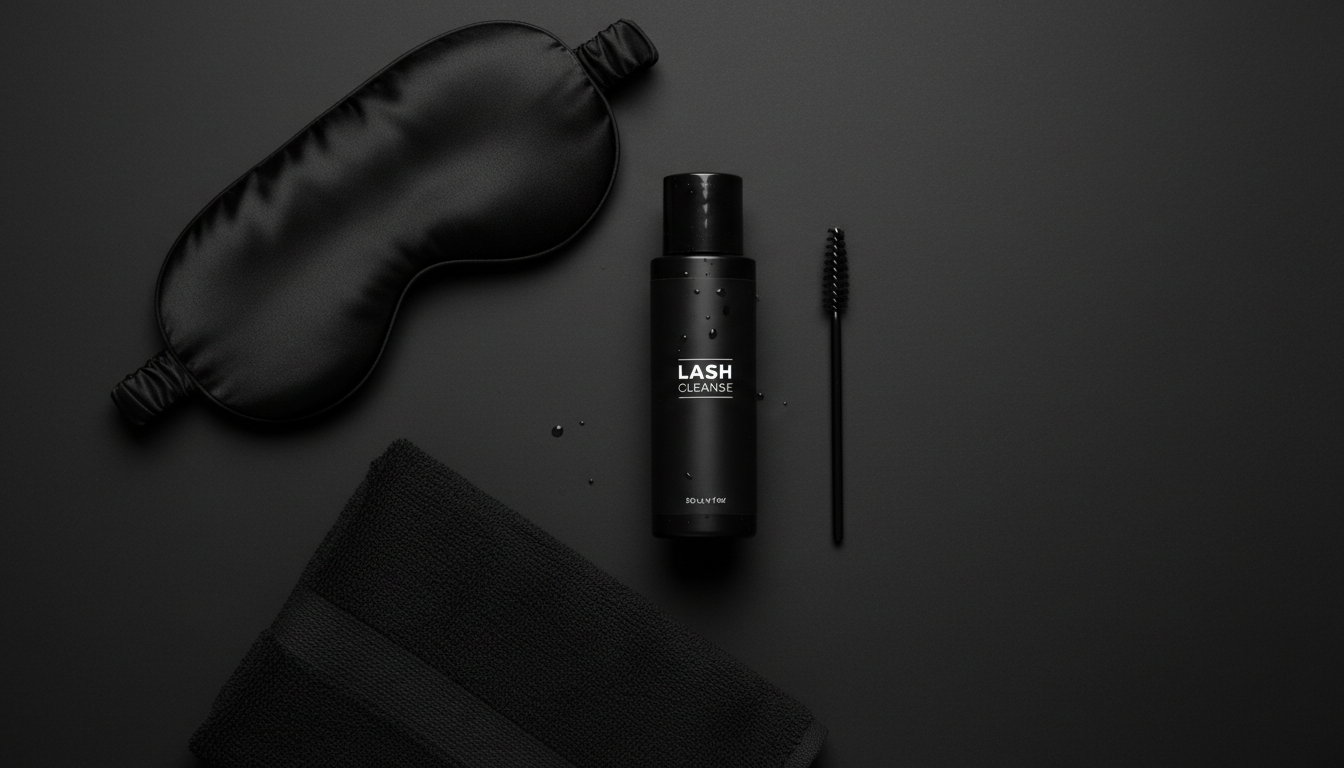 Flat lay of lash aftercare tools: lash shampoo, spoolie brush, clean towel, and a silk sleep mask in a minimal aesthetic
